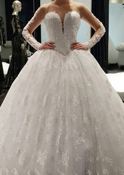 Ball Gown Lace Wedding Dress Illusion Bateau Long Sleeve 