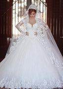 Ball Gown Long Sleeve Cathedral Lace Tulle Wedding Dress, Beaded
