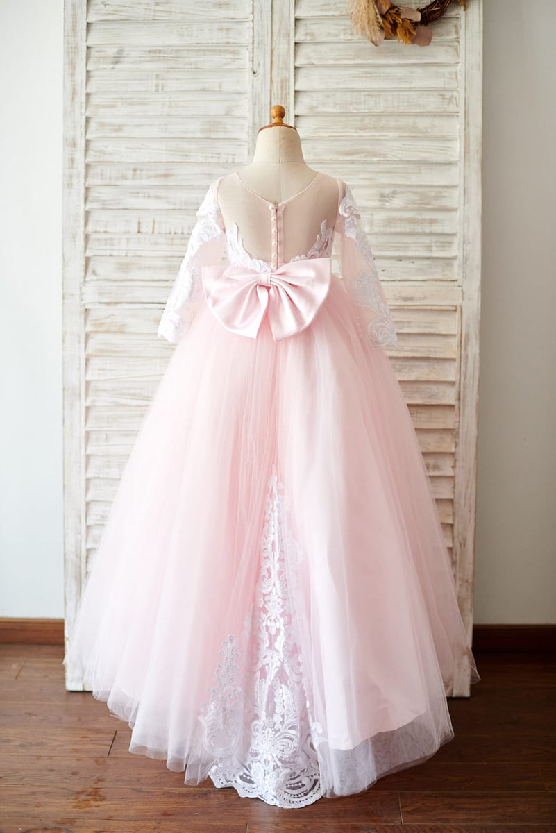 Ball Gown Pink Satin Tulle Keyhole Back Ruffles Wedding Flower Girl Dress