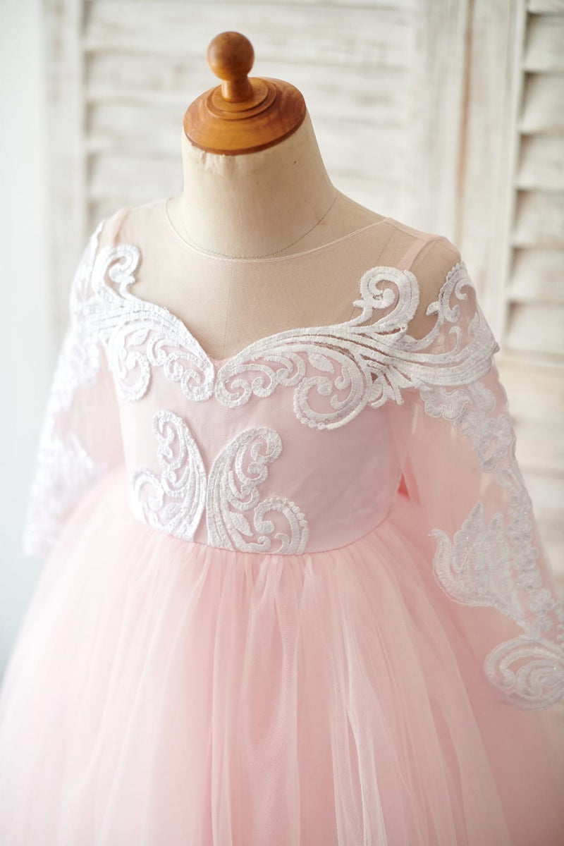Puff Sleeves Pink Satin Glittering Tulle Neck Wedding Flower Girl Dress, Big Bow