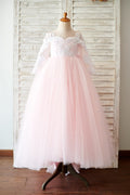 Бальное платье с длинными рукавами Розовое кружевное тюлевое свадебное платье для девочек-цветочниц