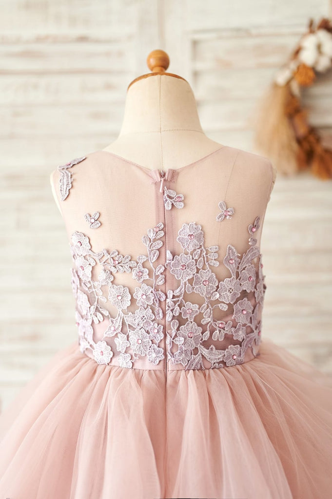 Mauve Lace Tulle Floor Length Wedding Flower Girl Dress