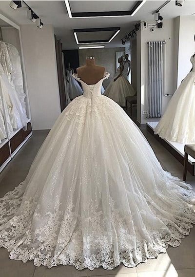 Ball Gown V Neck Off Shoulder Chapel Train Lace Wedding 