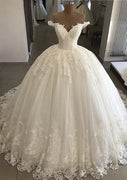 Ball Gown V Neck Off Shoulder Chapel Train Lace Wedding Dress