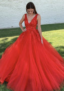 Bola Gown V Neck Sleeveless Court Train Red Lace Tulle Prom Dress, Beading