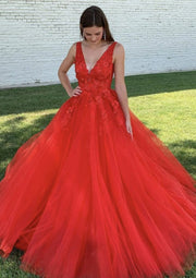 Ball Gown V Neck Court Train Lace Tulle Prom Dress