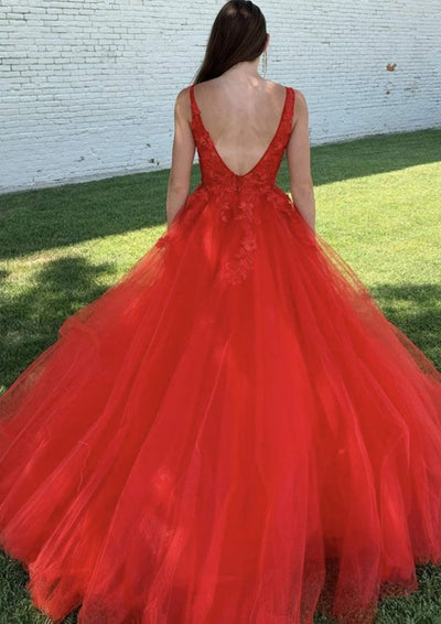 Ball Gown V Neck Court Train Lace Tulle Prom Dress