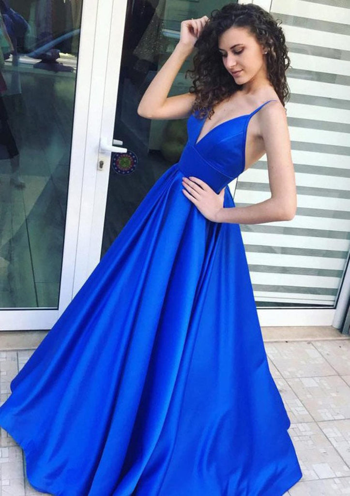 Ball Gown V Neck Spaghetti Strap Backless Long Royal Blue Satin Prom P - Princessly Ball Gown V Neck Spaghetti Strap Backless Long Royal Blue Satin Prom P - Princessly