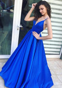 Duchesse-Kleid mit V-Ausschnitt, Spaghettiträger, rückenfreies, langes, königsblaues Satin-Abschlussball-Partykleid