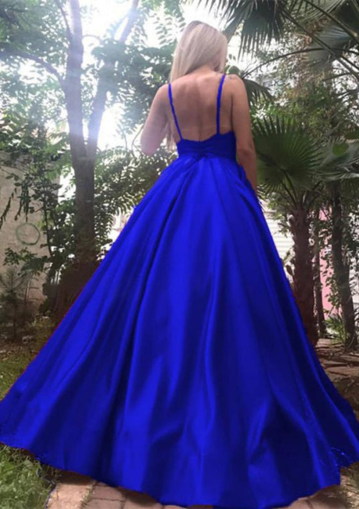 royal blue backless maxi dress A Line V Neck Backless Royal Blue Lace Long Prom Dress with Leg Slit, Shiny Blue Lace Formal Graduation Evening Dress A2241