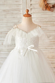 Off Shoulder Ivory Lace Tulle Ball Gown Wedding Flower Girl 