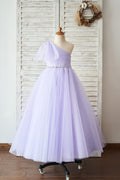 Ball Gown One Shoulder Beaded Lavender Tulle Wedding Flower Girl Dress