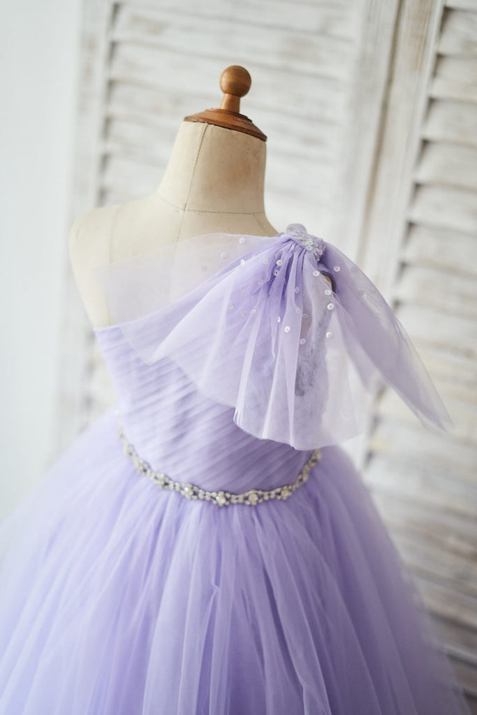 A-line Beaded Purple Tulle Floor Length Horsehair Hem Flower Girl Dress