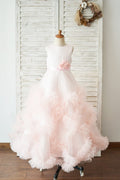 Бальное платье Розовое атласное тюлевое свадебное платье с замочной скважиной и оборками на спине для девочек-цветочниц