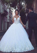 Ball Gown Plunging Chapel Train Lace Tulle Wedding Dress