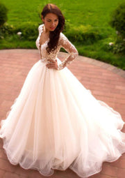 Ball Gown Scalloped Plunging Full Sleeve Appliqued Tulle 