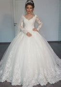 Ball Gown Queen Anne Neck Long Sleeve Lace Tulle Bridal Dress