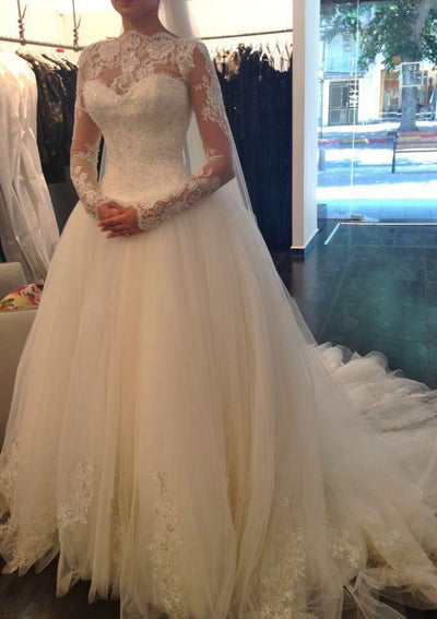 Ball Gown Scalloped Neck Long Sleeve Court Train Tulle 