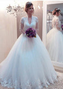 Ball Gown Scalloped Neck Long Sleeve Sweep Tulle Wedding Dress, Lace