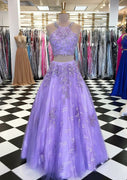 Ball Gown Scoop Neck Sleeveless Long Tulle 2 Piece Set Prom Dress, Lace Beading