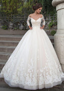 Ball Gown Off Shoulder 3/4 Sleeve Chapel Tulle Wedding Dress, Lace Sash