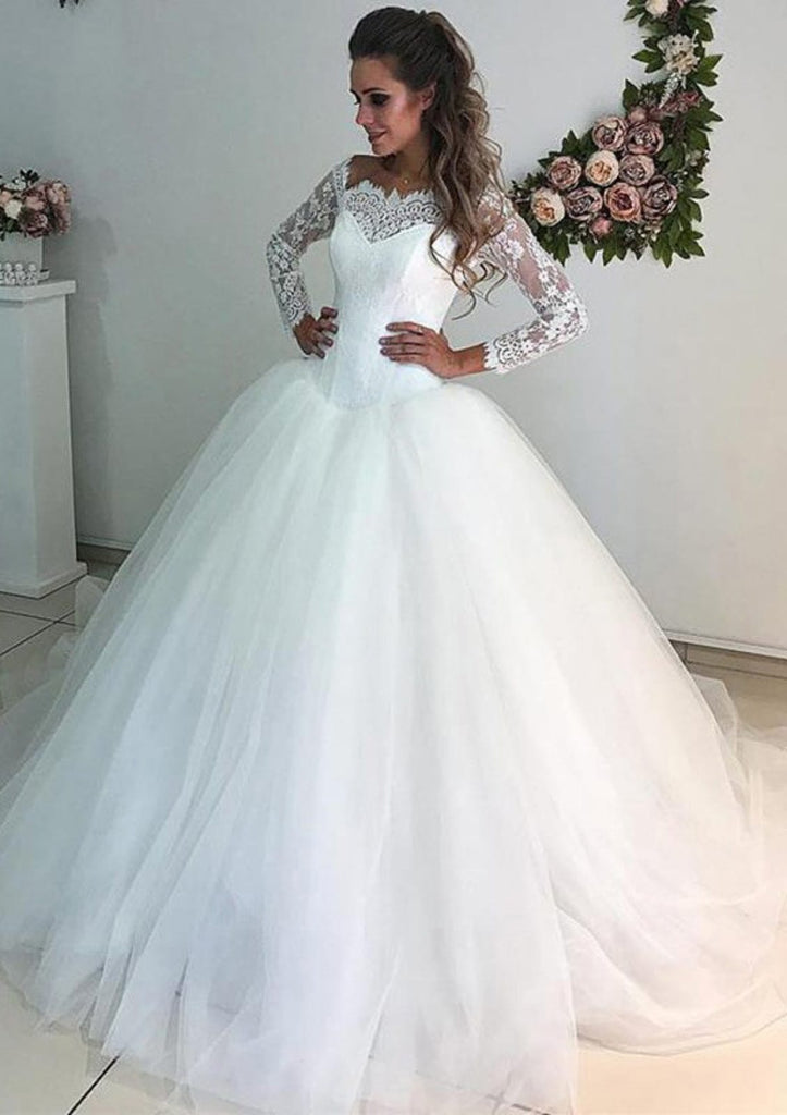 Champagne Ball Gown Tulle Appliques 3/4 Sleeve Wedding Dress With Long Train