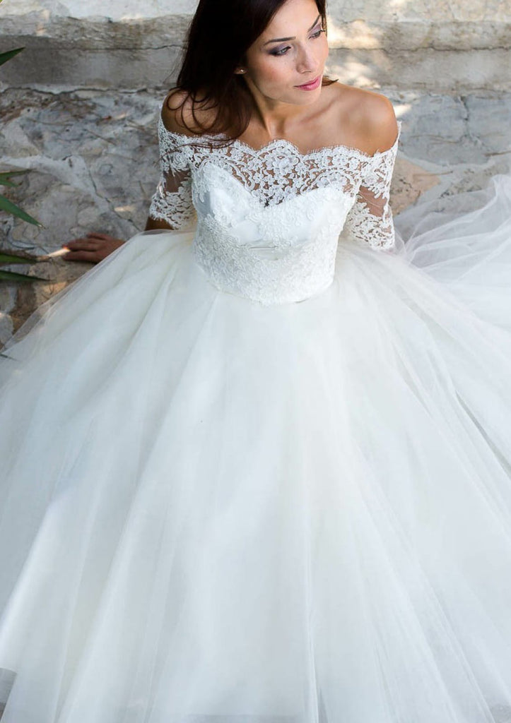 Ball Gown Off Shoulder Ankle Length Lace Tulle Wedding Dress