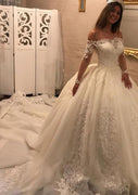 Ball Gown Off Shoulder Cathedral Lace Tulle Wedding Dress