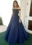Ball Gown Off Shoulder Floor-Length Navy Blue Tulle Prom Dress, Perline