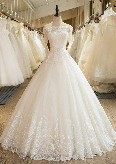 Ball Gown Off Shoulder Floor-Length Tulle Wedding Dress Lace