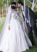 Ball Gown Off Shoulder Lace Long Sleeve Sweep Satin Bridal Dress, Pleats