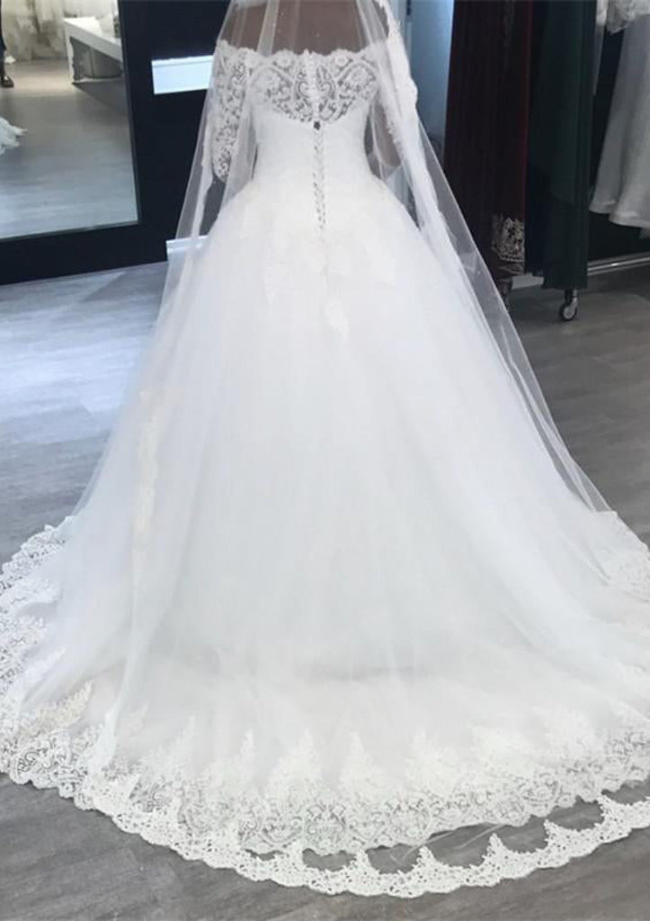 Ball Gown Off Shoulder Long Sleeve Court Tulle Wedding Dress