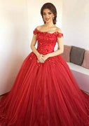 Ball Gown Off Shoulder Sleeveless Floor Length Sweep Red Lace Tulle Prom Dress