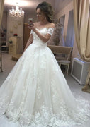 Ball Gown Off Shoulder Sweetheart Court Lace Tulle Wedding Dress