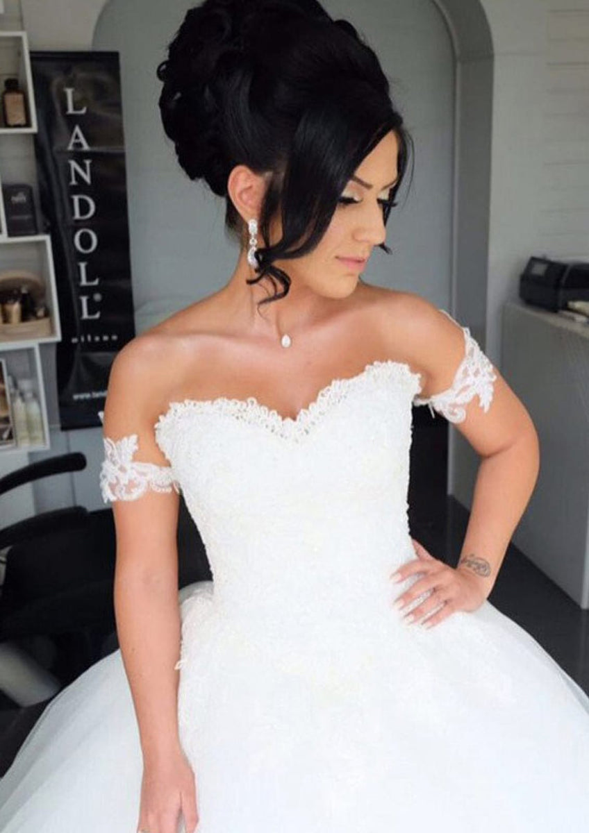 Lace Flowers Off Shoulder Tulle Ball Gown Wedding Dresses 2019 main image 1