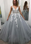 Ball Gown Sleeveless Illusion Neck Long Gray Tulle Prom Dress, Lace Beading