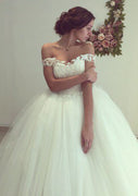 Ball Gown Sleeveless Off Shoulder Tulle Court Wedding Dress, Lace