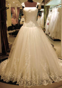 Ball Gown Square Neck Court Train Lace Tulle Dropped Waist Wedding Dress