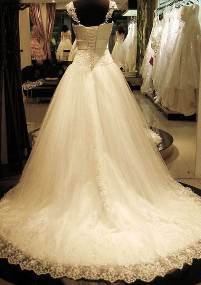 Ball Gown Square Neck Court Train Lace Tulle Wedding Dress -