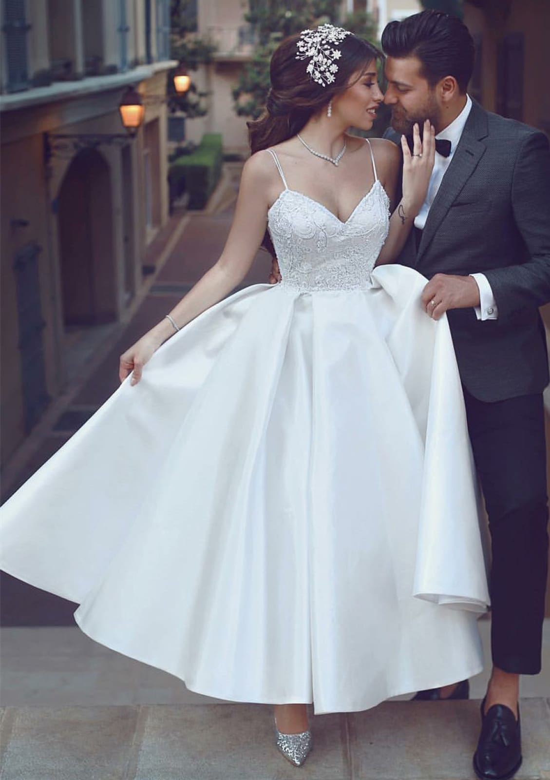 Ball Gown Sweetheart Backless Straps Satin Ankle Length Wedding Dress,