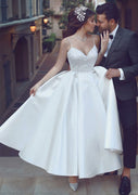 Ball Gown Sweetheart Backless Straps Satin Ankle Length Wedding Dress, Lace