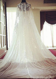 Bateau Beaded A-Line Chapel Tulle Wedding Dress with Cape 