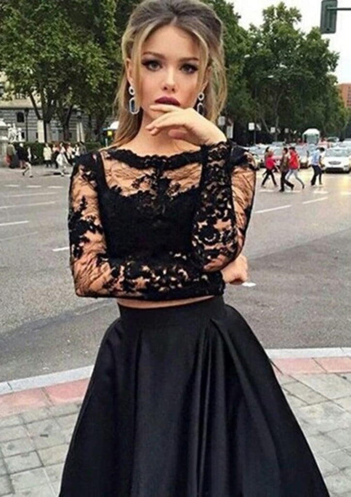Bateau Crop Tops Long Satin A-Line Skirt 2 Piece Set Black Prom Dress -  Princessly