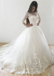 Bateau Half Sleeve Ball Gown Court Appliqued Lace Tulle 