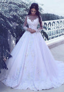 Bateau Illusion Long Sleeve Lace Court Princess Bridal Wedding Dress