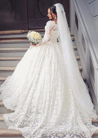 Bateau Long Sleeve Court Train Lace Ball Gown Wedding Dress 