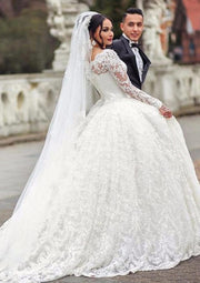 Bateau Long Sleeve Court Train Lace Ball Gown Wedding Dress 