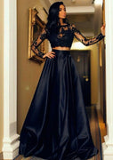 Bateau Long Sleeve Illusion Lace Satin Navy Two Piece Set Evening Dress