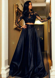 Bateau Long Sleeve Illusion Lace Satin Navy Two Piece Set