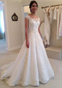 Bateau Cap Sleeve Illusion Court Lace Tulle A-line Wedding Dress